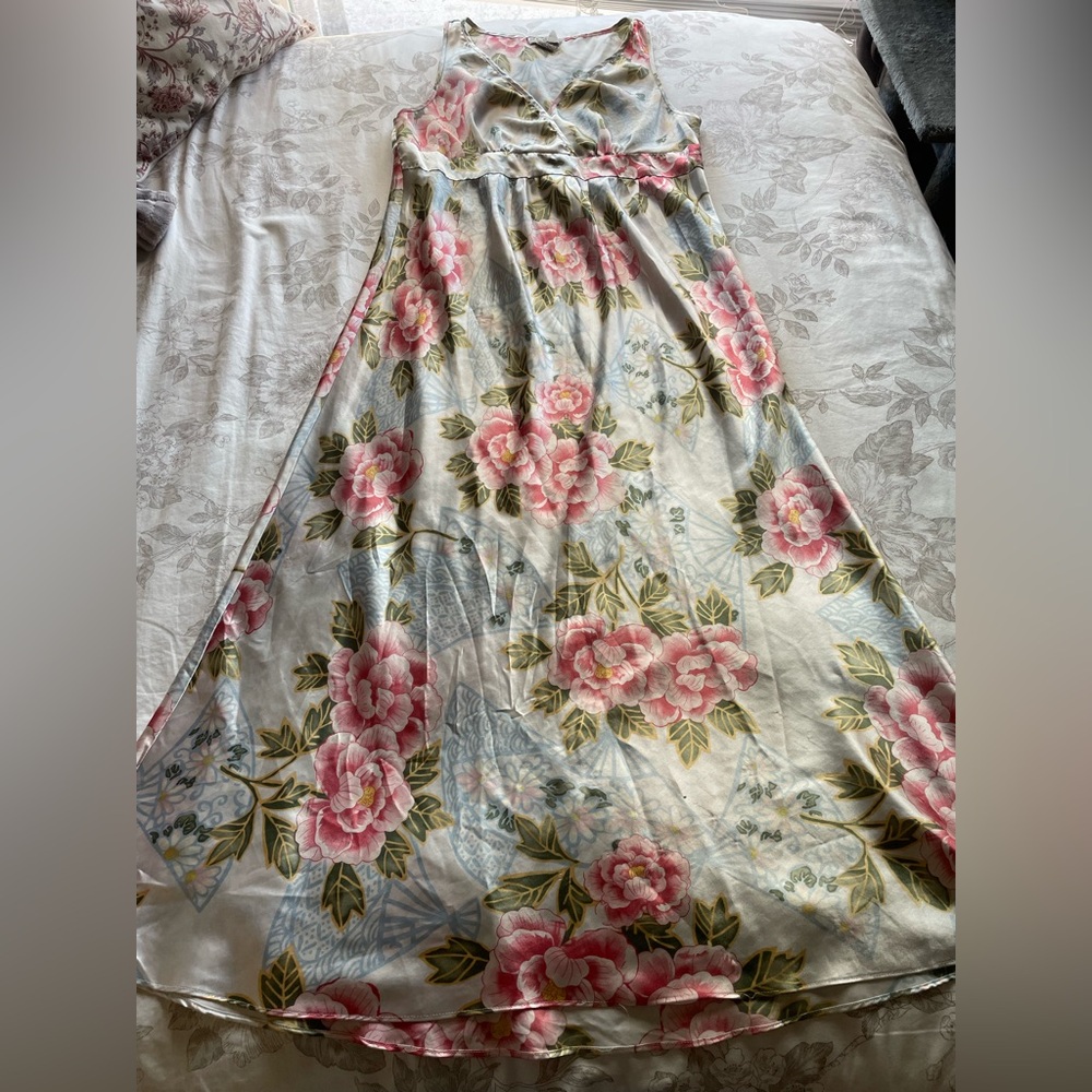 Vintage Floral Satin Maxi Slip Dress Medium Cottagecore Coquette Dainty Feminine